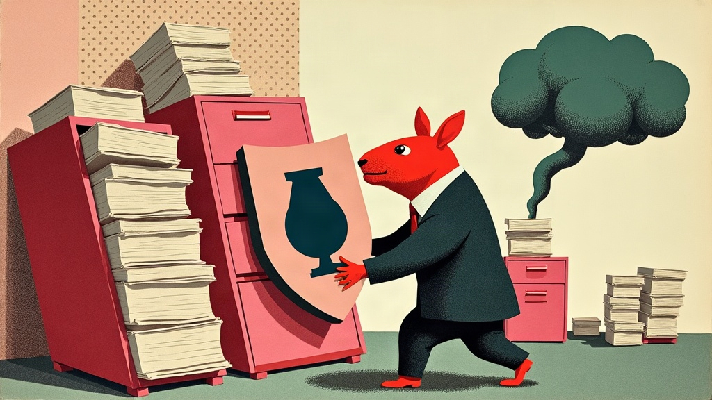 Un capybara géant en costume d'avocat tient un bouclier devant un classeur de dossiers clients, pendant qu'un nuage menaçant tamponné d'un logo générique de robot se fait repousser au loin — collage éditorial aux couleurs KPIbara