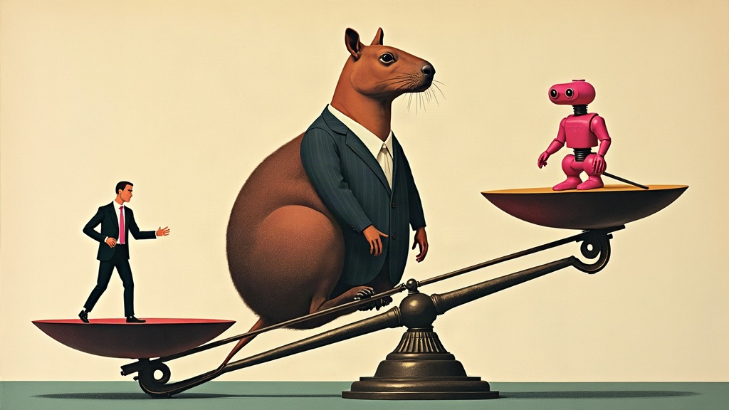 Un capybara géant en costume assis sur une grande balance à bascule, un employé en costume sur un plateau et un petit robot rose sur l'autre — collage éditorial aux couleurs KPIbara