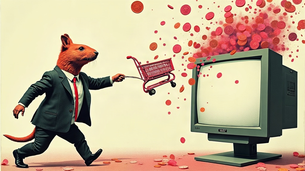 Un capybara géant en costume rattrape au lasso des paniers d'achat volants qui s'échappent d'un écran d'ordinateur géant, entouré de confettis en forme de pièces de monnaie — collage éditorial aux couleurs KPIbara