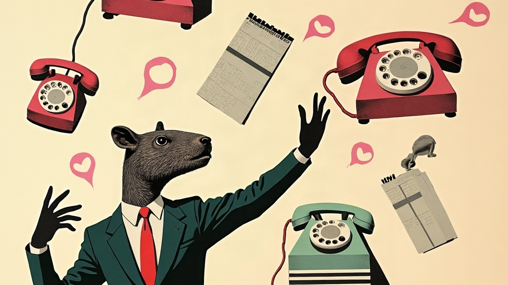 Un capybara géant en costume jongle avec plusieurs téléphones fixes tout en tamponnant un agenda géant flottant dans les airs — collage éditorial aux couleurs KPIbara