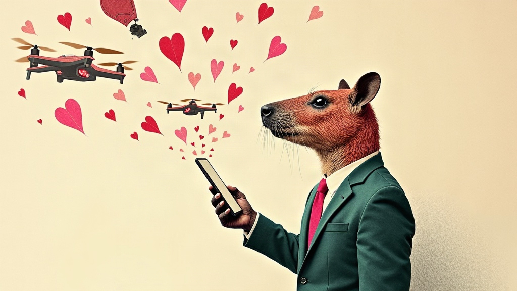 Un capybara géant en costume jongle avec des smartphones lumineux qui projettent des cœurs et des pouces en papier dans les airs, entouré d'une nuée de petits drones-caméras — collage éditorial aux couleurs KPIbara