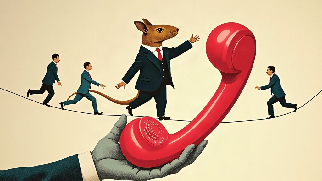 Un capybara géant en costume fait l'équilibriste sur le fil tendu d'un combiné téléphonique géant, pendant que de petits hommes d'affaires traversent le fil à sa suite — collage éditorial aux couleurs KPIbara