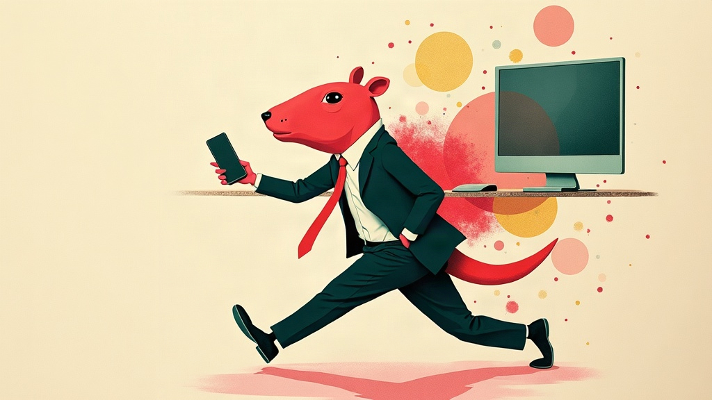 Un capybara géant en costume jongle avec un smartphone gigantesque et un écran d'ordinateur en équilibre sur une planche à roulettes — collage éditorial aux couleurs KPIbara
