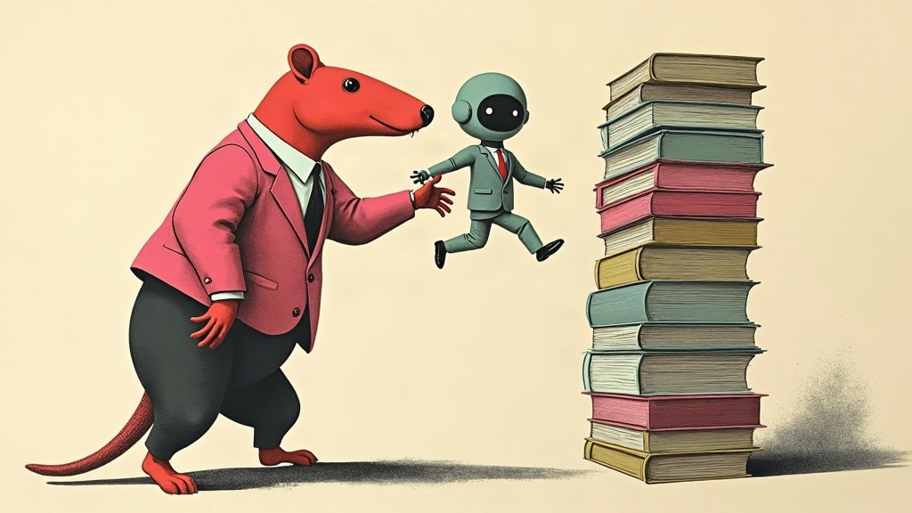 Un capybara géant en costume pousse à bout de bras un petit robot de salon qui tente de jongler avec une pile de dossiers d'entreprise — collage éditorial aux couleurs KPIbara