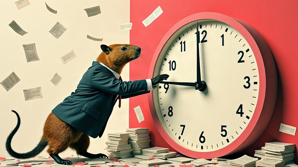 Un capybara géant en costume pousse l'aiguille d'une horloge murale à la main pendant que des dossiers s'envolent en confettis — collage éditorial aux couleurs KPIbara
