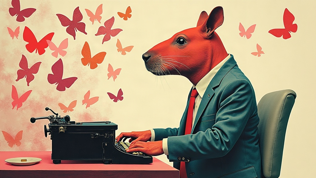 Un capybara géant en costume rédige un cahier des charges à la machine à écrire tandis que des piles de dossiers technique s'envolent en papillons — collage éditorial aux couleurs KPIbara