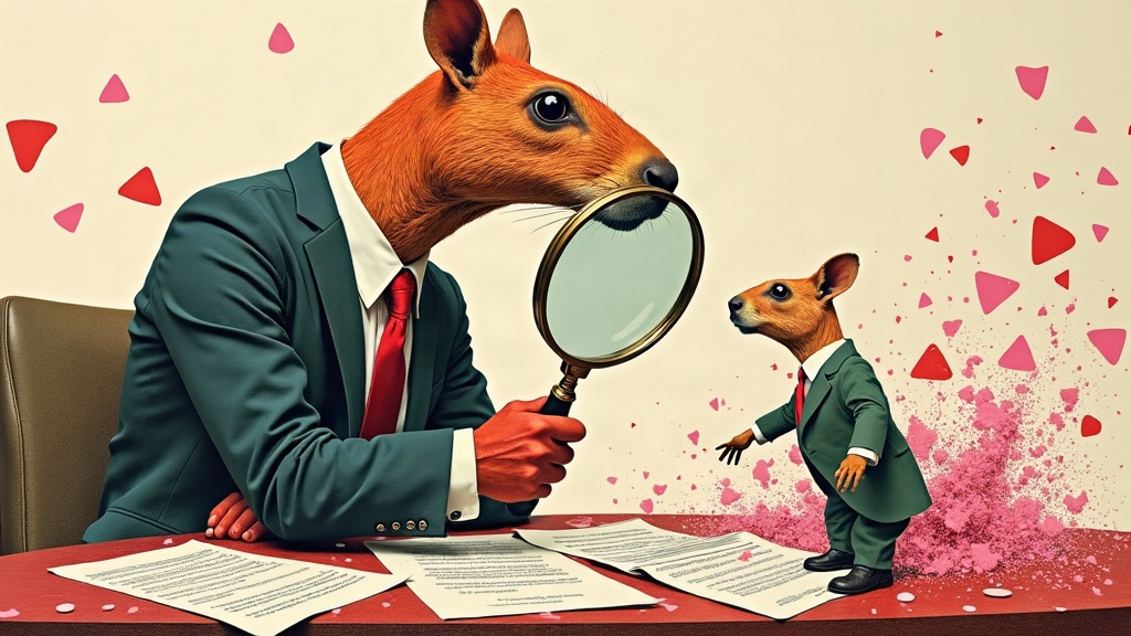 Un capybara géant en costume examine un prestataire miniature à la loupe géante sur un bureau couvert de contrats qui s'envolent en confettis de papier — collage éditorial aux couleurs KPIbara