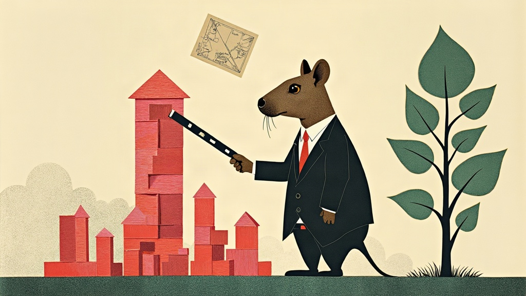 Un capybara géant en costume-cravate empile des blocs de construction rouges pour bâtir une tour, niveau à bulle à la patte, un plan d'architecte flotte au-dessus et un arbre pousse à côté de lui — collage éditorial aux couleurs KPIbara