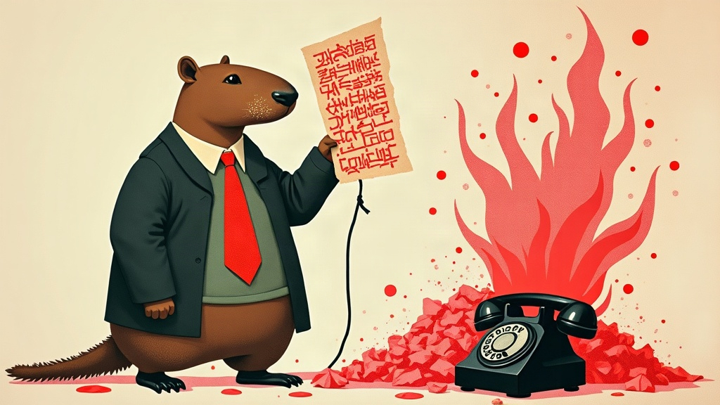 Un capybara géant en costume jongle avec des épreuves d'impression couvertes de corrections au stylo rouge tandis qu'un vieux téléphone à cadran sonne sans fin — collage éditorial aux couleurs KPIbara