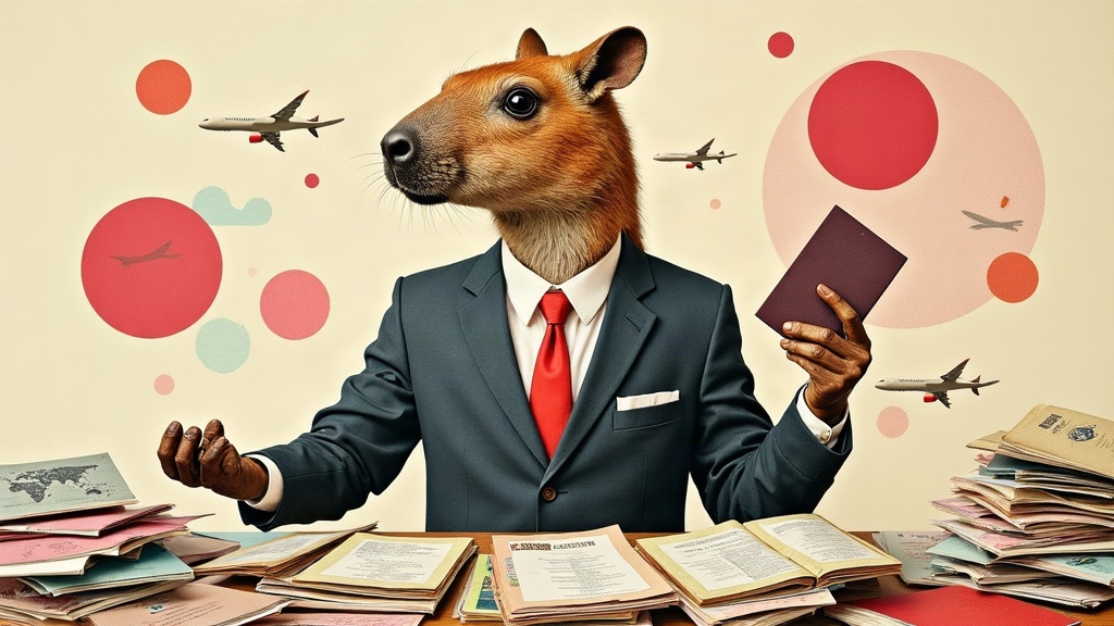 Un capybara géant en agent de voyage jongle avec des billets d'avion et des valises volantes devant un comptoir qui déborde de dossiers clients — collage éditorial aux couleurs KPIbara