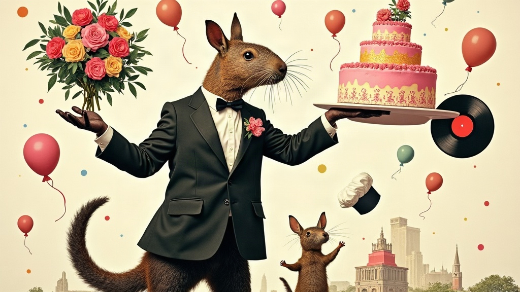 Un capybara géant en smoking tient un bouquet de fleurs et un imposant gâteau de mariage en équilibre pendant qu'un vinyle de DJ et une toque de chef flottent autour de lui, ballons colorés en arrière-plan — collage éditorial aux couleurs KPIbara