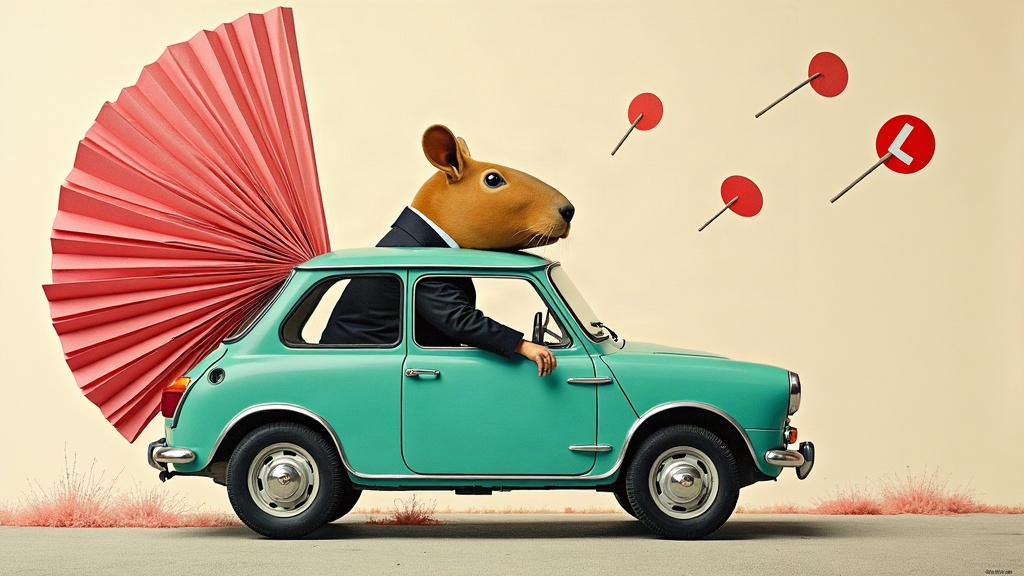 Un capybara géant en costume-cravate assis au volant d'une voiture-école turquoise, tenant un immense livret d'heures qui se déroule en accordéon jusqu'au sol, entouré de panneaux de signalisation qui volent en confettis — collage éditorial aux couleurs KPIbara