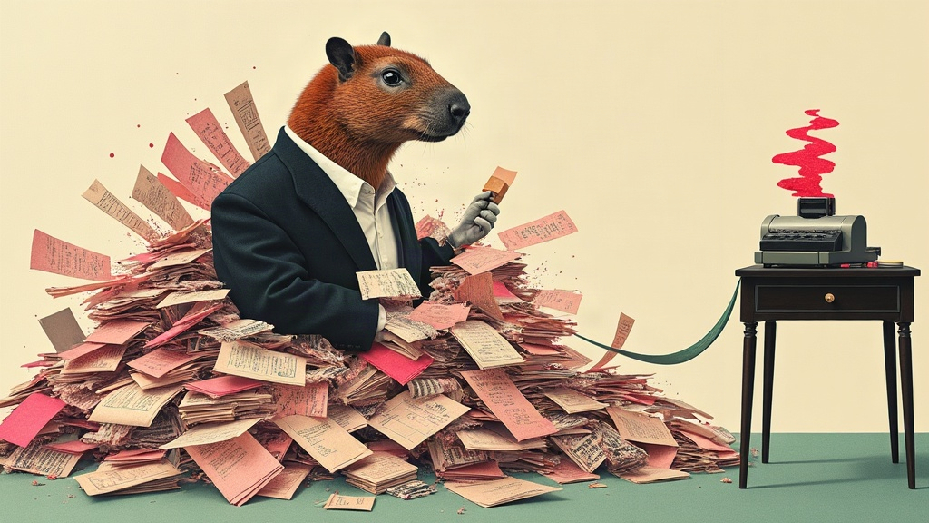 Un capybara géant en costume-cravate enseveli sous une avalanche de dossiers et de factures papier, tamponnant calmement un document tandis qu'une antique calculatrice mécanique déroule un long ruban de papier au sol — collage éditorial aux couleurs KPIbara