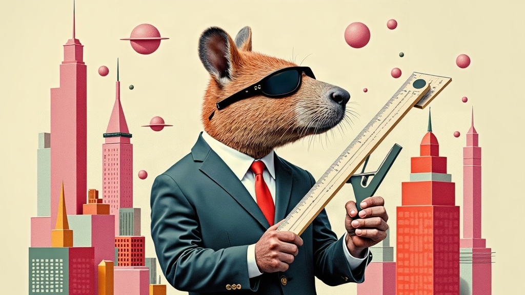 Un capybara géant en costume tenant une équerre géante jongle avec des maquettes de bâtiments en papier pendant qu'une pile de notes d'honoraires s'envole comme des confettis autour d'un chantier miniature — collage éditorial aux couleurs KPIbara