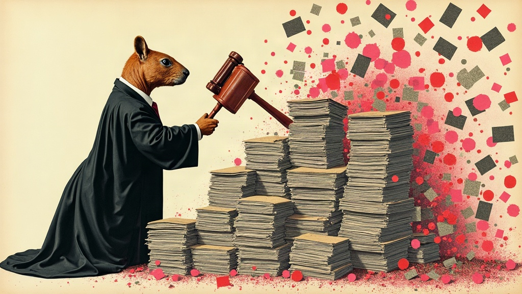 Un capybara géant en robe d'avocat par-dessus un costume tamponne frénétiquement une tour de dossiers avec un tampon encreur géant pendant que des pages de calendrier s'envolent comme des confettis autour d'un marteau de juge — collage éditorial aux couleurs KPIbara