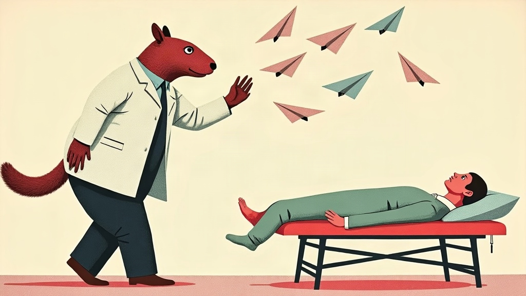 Un capybara géant en blouse de kinésithérapeute jongle avec des rendez-vous volants représentés par des post-it, pendant qu'un patient en traction cervicale attend patiemment sur une table de soin — collage éditorial aux couleurs KPIbara