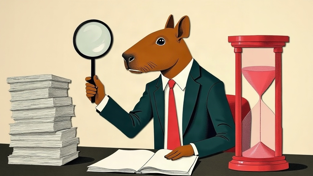 Un capybara géant en costume de recruteur jongle avec des piles de CV volants tandis qu'un sablier géant menace de se vider derrière lui — collage éditorial aux couleurs KPIbara