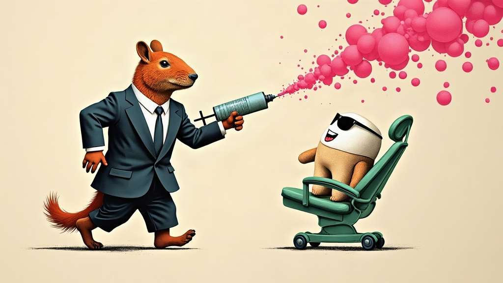 Un capybara géant en blouse de dentiste brandit une seringue géante crachant des confettis roses pendant qu'une molaire personnifiée en gilet pare-balles s'enfuit sur un fauteuil dentaire à roulettes — collage éditorial aux couleurs KPIbara