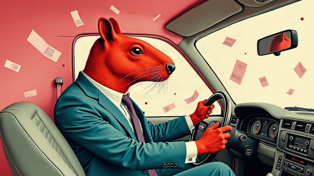 Un capybara en costume au volant d'une voiture VTC, débordé par des notifications de plateforme et des reçus papier qui s'envolent par la fenêtre — illustration éditoriale aux couleurs KPIbara