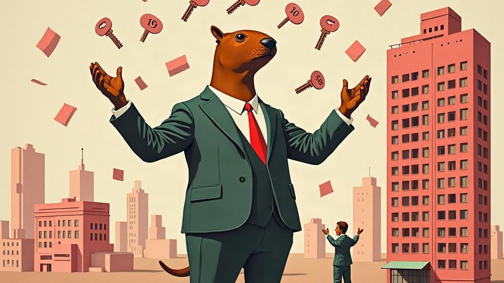 Un capybara géant en costume jongle avec des dizaines de clés numérotées et des relevés de comptes qui s'envolent devant un immeuble à appartements miniature — collage éditorial aux couleurs KPIbara