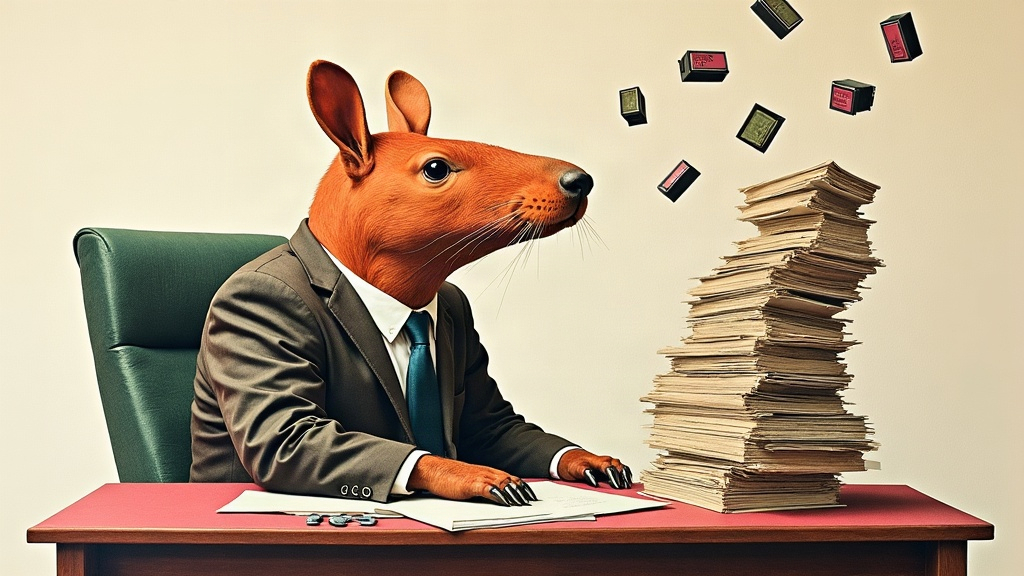 Un capybara en costume assis à son bureau, débordé par une tour de dossiers de contrats d'assurance et des tampons de compagnies qui s'envolent — illustration éditoriale aux couleurs KPIbara