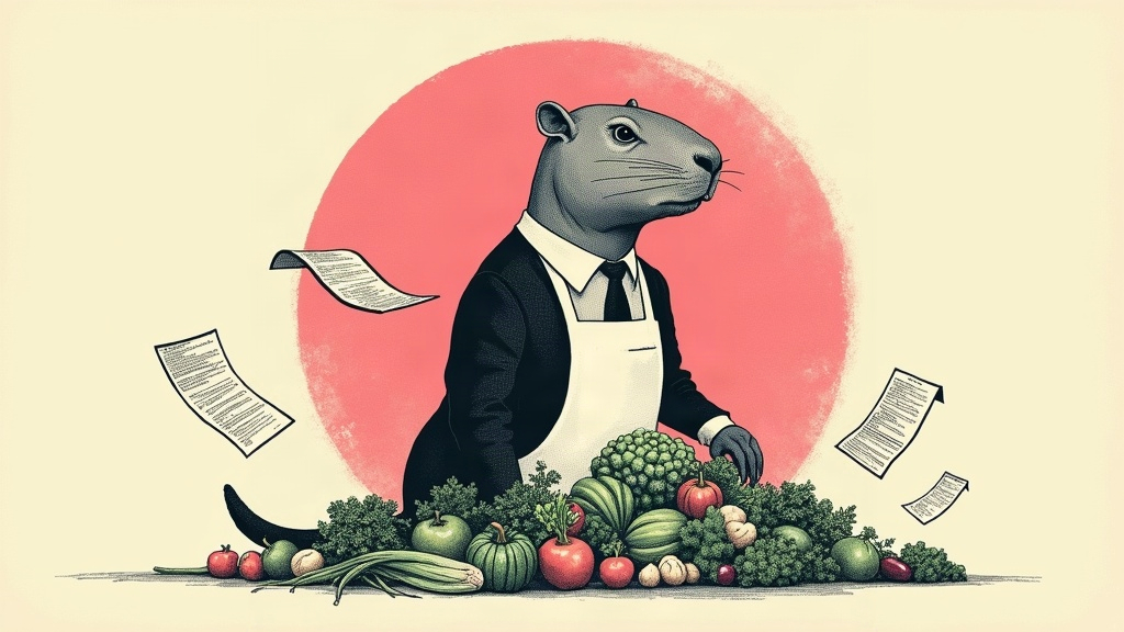 Un capybara géant en costume et tablier de nutritionniste se tient derrière un amoncellement démesuré de légumes, pendant que des fiches de menus personnalisés s'envolent de chaque côté — collage éditorial aux couleurs KPIbara