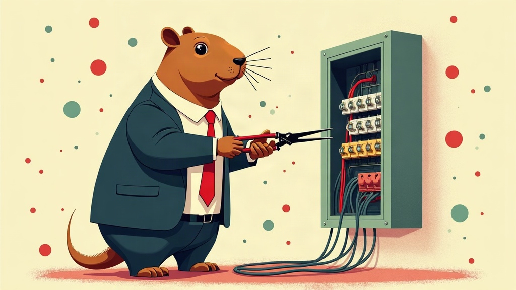 Un capybara géant en costume répare un tableau électrique disproportionné dont les fils crachent des étincelles en forme de papiers administratifs qui s'envolent, une pince coupante à la main — collage éditorial aux couleurs KPIbara