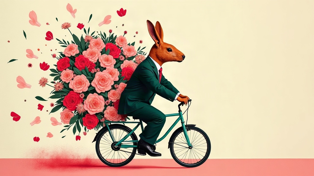 Un capybara en costume pédale sur un petit vélo de livraison surchargé par un bouquet de mariage disproportionné dont les pétales s'envolent — illustration éditoriale aux couleurs KPIbara