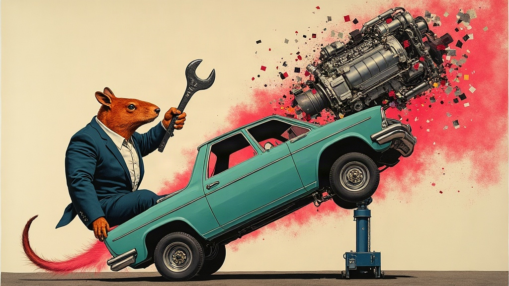 Un capybara géant en costume-cravate tenant une clé à molette géante, assis sur une voiture turquoise soulevée par un cric, dont le moteur explose littéralement hors du capot dans un nuage de confettis — collage éditorial aux couleurs KPIbara
