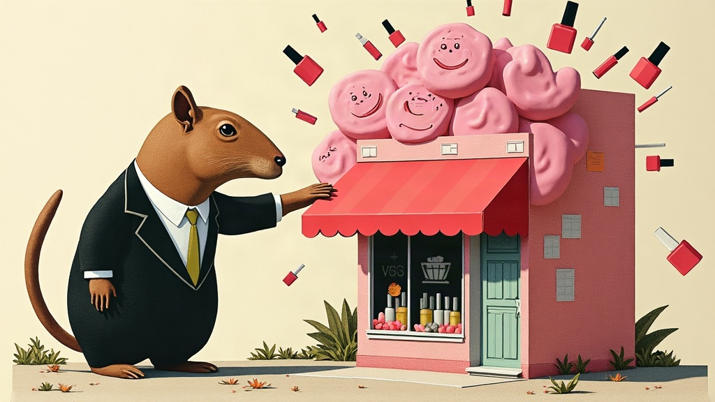 Un capybara géant en blouse d'institut applique un masque de beauté rose démesuré sur la façade d'un immeuble pendant que des flacons de vernis et des cartes de forfaits s'envolent en confettis autour d'une cabine de soin miniature — collage éditorial aux couleurs KPIbara