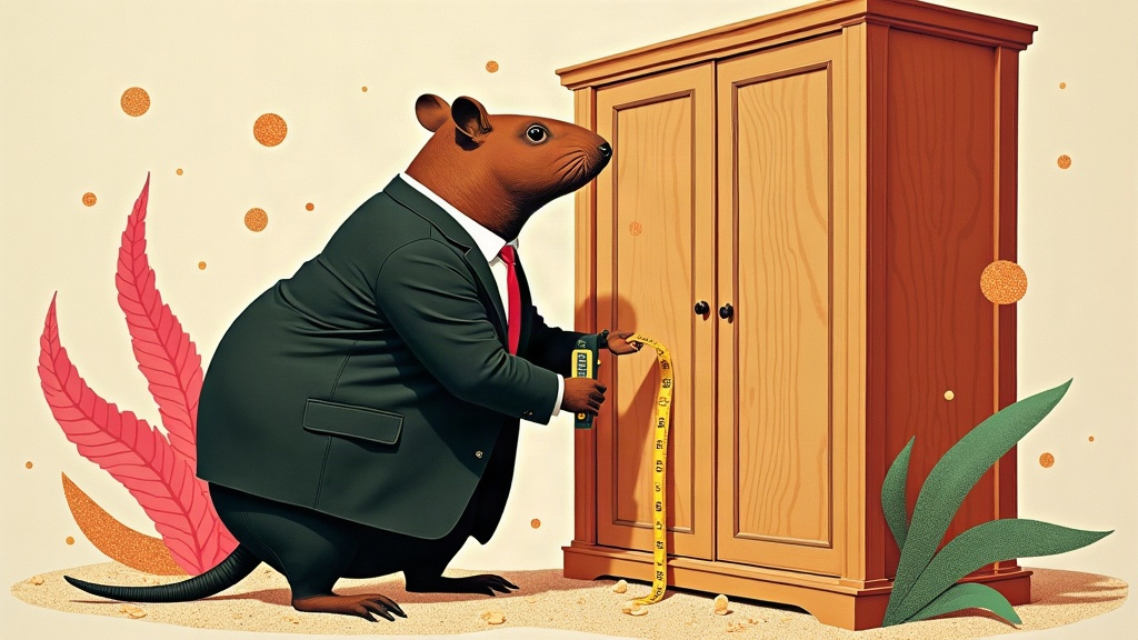 Un capybara en costume prend le métré d'une armoire disproportionnée avec un mètre ruban géant — illustration éditoriale aux couleurs KPIbara