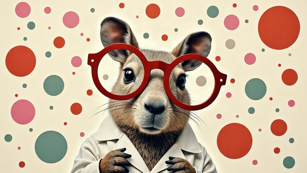 Un capybara en blouse blanche d'opticien porte fièrement une paire de lunettes rondes rouges démesurées, entouré de pois multicolores façon confettis — collage éditorial aux couleurs KPIbara