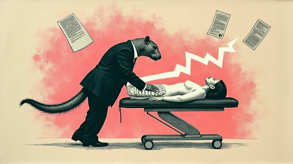 Un capybara géant en blouse d'ostéopathe manipule la colonne vertébrale d'un patient sur une table de soin, provoquant une décharge en zigzag et un envol de dossiers patients en papier tout autour — collage éditorial aux couleurs KPIbara