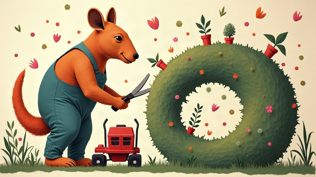 Un capybara géant en salopette de paysagiste taille au sécateur géant une haie démesurée en forme de spirale, pendant que des brouettes de terre, des plants en pot et des feuilles s'envolent en confettis autour d'une tondeuse autoportée miniature — collage éditorial aux couleurs KPIbara