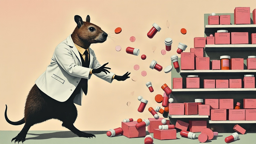 Un capybara géant en blouse de pharmacien par-dessus un costume jongle avec des boîtes de médicaments et des ordonnances derrière un comptoir, pendant qu'une étagère se renverse en arrière-plan — collage éditorial aux couleurs KPIbara