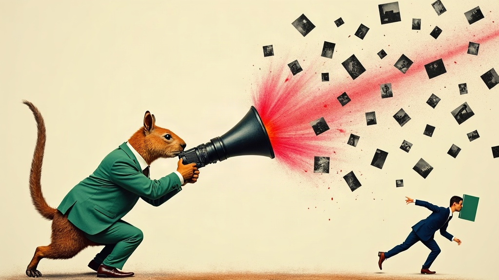 Un capybara géant en costume vert tire au canon-appareil photo une explosion de tirages tandis qu'un minuscule client en costume s'enfuit — collage éditorial aux couleurs KPIbara