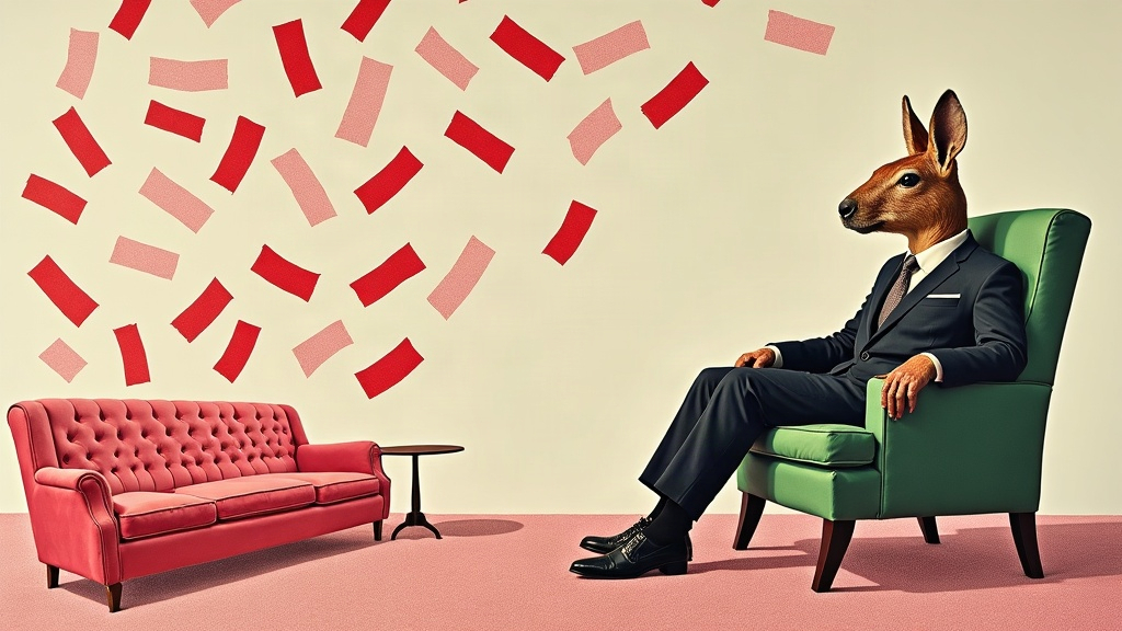 Un capybara géant en costume, assis dans un fauteuil de psychologue, regarde un divan vide pendant qu'une pluie de petits papiers de rendez-vous annulés tombe autour de lui — collage éditorial aux couleurs KPIbara