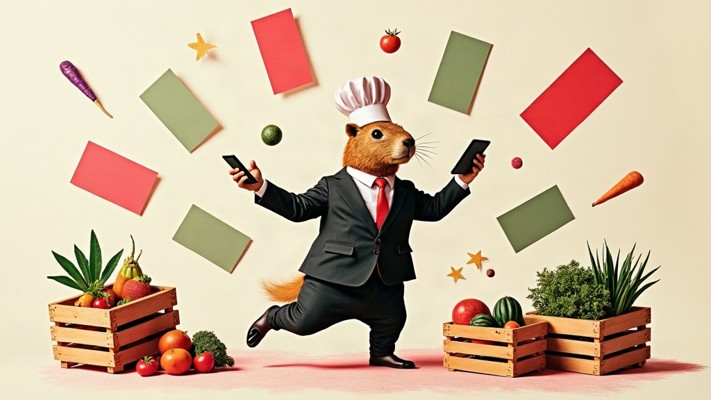 Un capybara en toque de chef jonglant avec plusieurs tablettes de plateformes de livraison tandis que des fiches techniques et des factures s'envolent autour de caisses de légumes renversées — illustration éditoriale aux couleurs KPIbara
