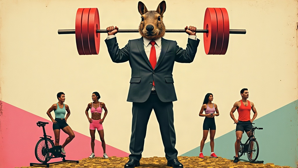 Un capybara géant en costume-cravate soulève une barre de musculation chargée de pièces d'or à la place des disques, entouré de petits adhérents en tenue de sport qui font des squats et du vélo — collage éditorial aux couleurs KPIbara