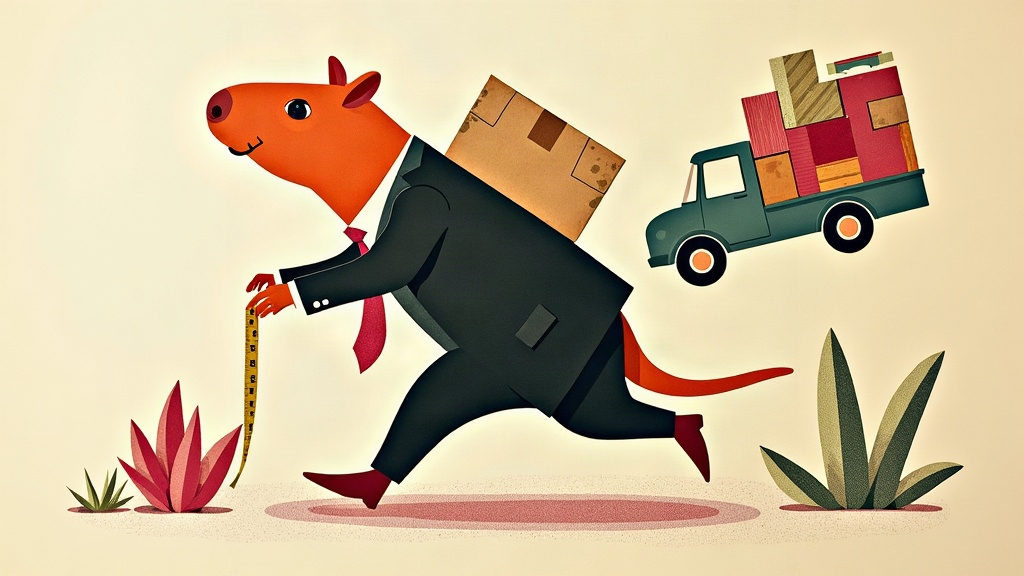 Un capybara géant en costume porte un carton de déménagement étiqueté sur l'épaule pendant qu'un camion miniature et des meubles empilés flottent en équilibre précaire autour de lui, mètre ruban à la patte, collage éditorial aux couleurs KPIbara