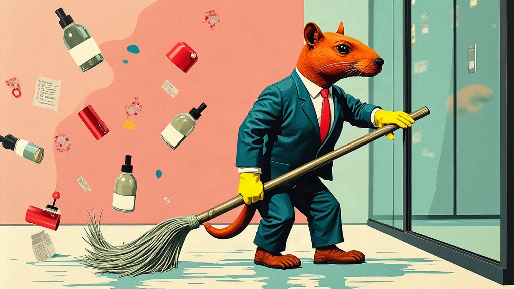Un capybara géant en tenue d'agent d'entretien passe une serpillière démesurée sur la façade d'un immeuble pendant que des flacons de détergent et des fiches de contrôle qualité s'envolent en confettis autour d'un chariot de ménage miniature — collage éditorial aux couleurs KPIbara