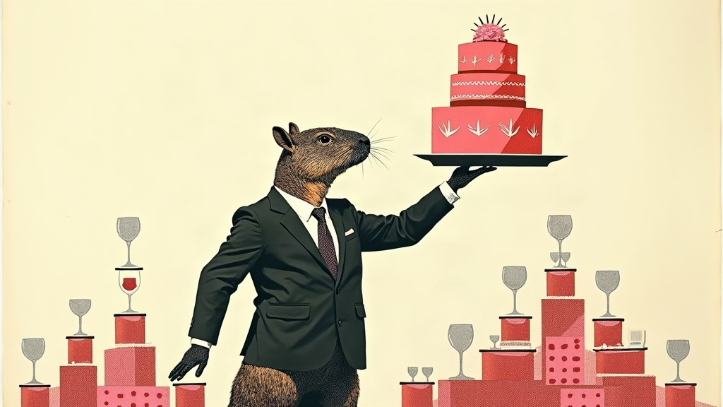 Un capybara géant en costume porte une pièce montée à bout de bras tout en jonglant avec des petits panneaux d'allergènes, des verres à récupérer s'empilent en équilibre précaire autour de lui — collage éditorial aux couleurs KPIbara