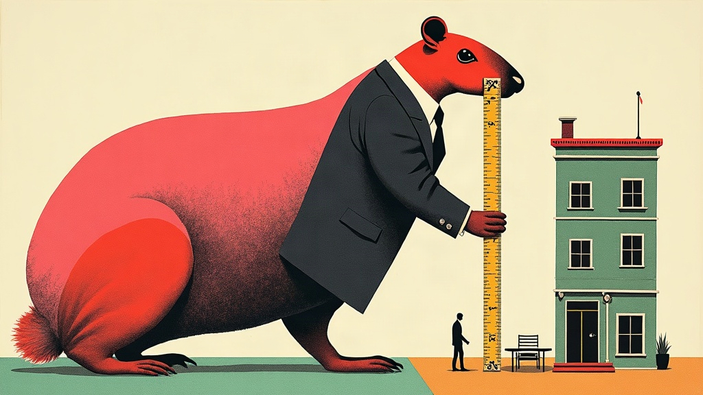 Un capybara géant en costume, mètre ruban géant à la main, se mesure face à un minuscule immeuble de bureaux format maison de poupée posé sur une table — collage éditorial aux couleurs KPIbara