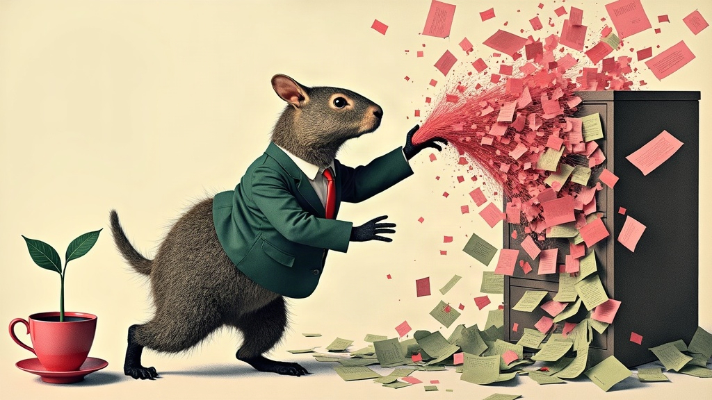Un capybara géant en costume attrape une tornade de papiers, devis et dossiers qui s'échappent d'une armoire à archives géante et les canalise dans une tasse d'où pousse une petite pousse verte — collage éditorial aux couleurs KPIbara