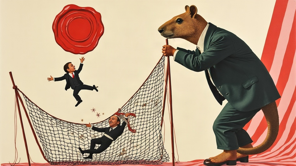 Un capybara géant en costume tient un immense filet de sécurité de cirque sous un homme d'affaires miniature qui tombe depuis un contrat déchiré, surmonté d'un énorme cachet de cire rouge — collage éditorial aux couleurs KPIbara