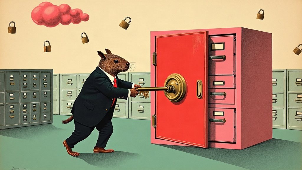 Un capybara géant en costume verrouille un immense coffre-fort avec une clé géante, entouré de rangées de classeurs qui défilent comme des soldats et de cadenas qui pleuvent d'un nuage — collage éditorial aux couleurs KPIbara