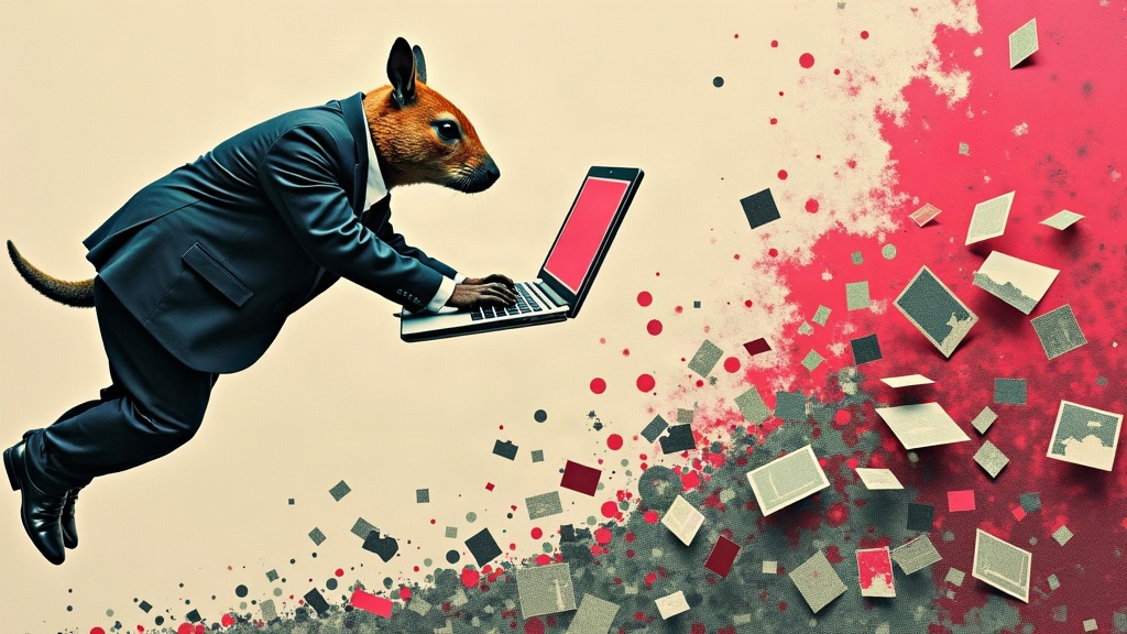 Un capybara géant en costume tape frénétiquement sur un ordinateur portable pendant qu'une cascade de code holographique et de fenêtres d'applications à moitié construites s'effondre derrière lui comme un château de cartes — collage éditorial aux couleurs KPIbara